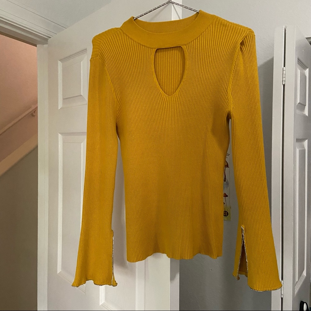 Mustard yellow fall cutout ribbed sweater with rhinestone trim